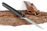 S-TEC 8.5″ ball bearing folding knife w/brown leather sheath black wood handle - TS021BK-1 - Image 2