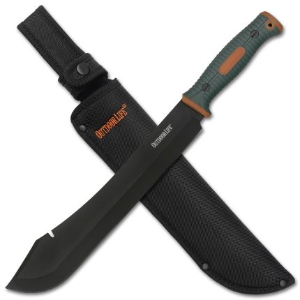 Outdoor Life Camping Machete - Black Blade with Orange & Green Nylon Fiber Handle, Full Tang, Reinforced Nylon Sheath - Hunting, Camping, Outdoor, Survival - OL-MHT001OGN