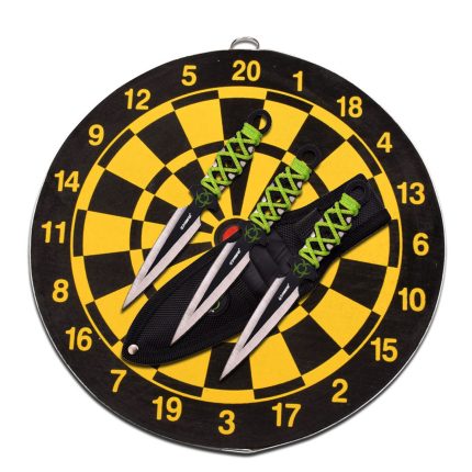 Z-Hunter Throwing Knife Set and Target Board - Set of 3 Knives, Black/Satin Steel Blades w/Bio Hazard Graphic, Green Cord Wrapped Handles, Full Tang, Target Board and Nylon Sheath - ZB-155SET